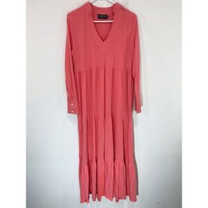 Duffield‎ Lane Maxi Dress Long Sleeve Tiered V Neck Casual Coral Size L